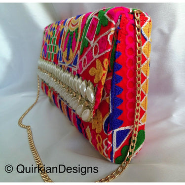 Red Fabric Clutch Purse With Floral Embroidery In Green, Yellow, Blue And Pink Threadwork & Pearl Beads Detail, Wedding Clutch, Boho Clutch
